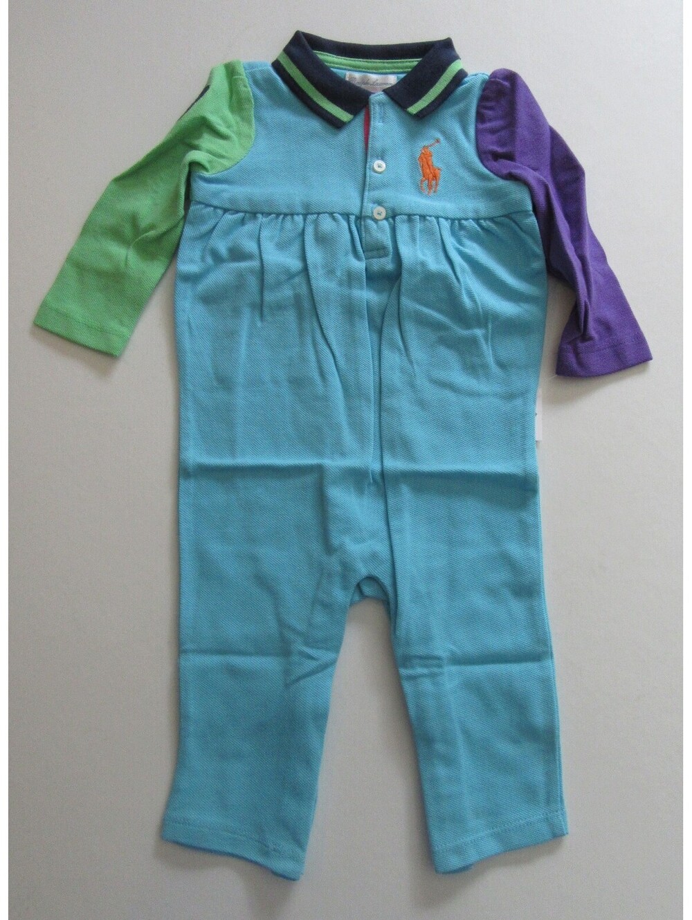 Ralph Lauren Baby Girls One Piece Long Sleeve Big Pony Romper Blue Multicolor 9M